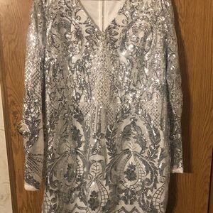 Silver Sequin Long Sleeve Dress
